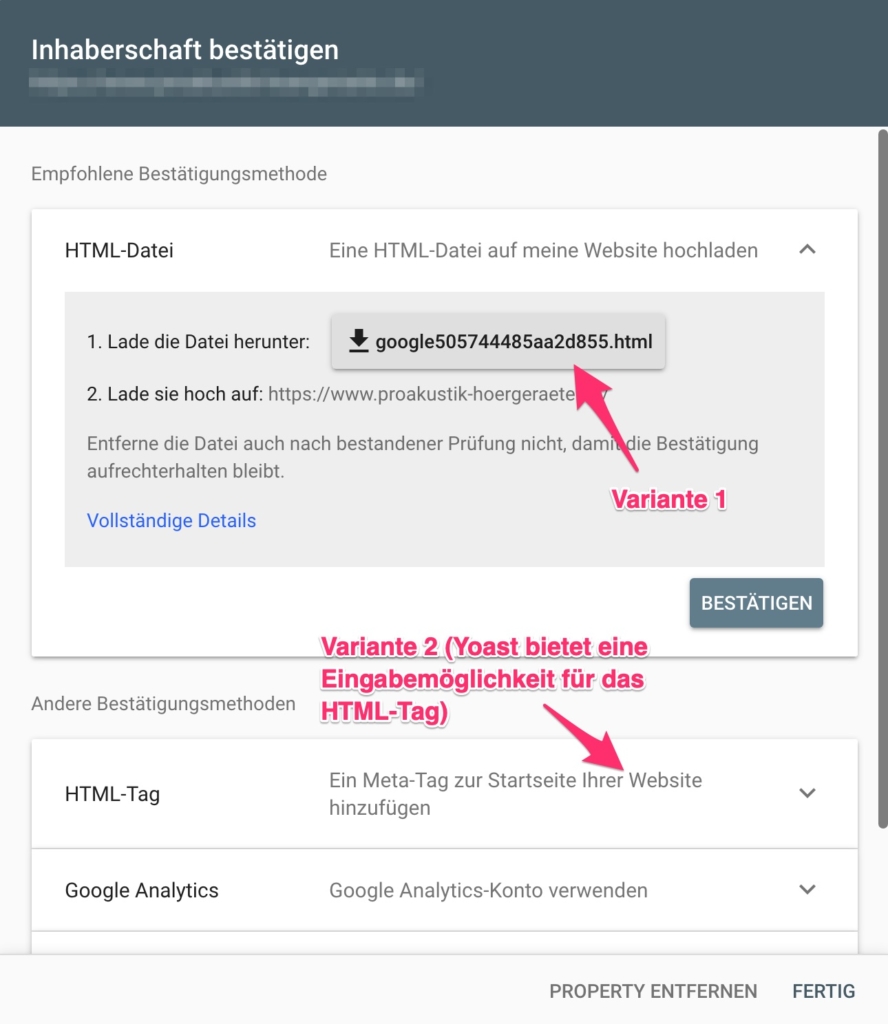 Google Search Console - Website bestätigen mit HTML-Tag oder HTML-Datei