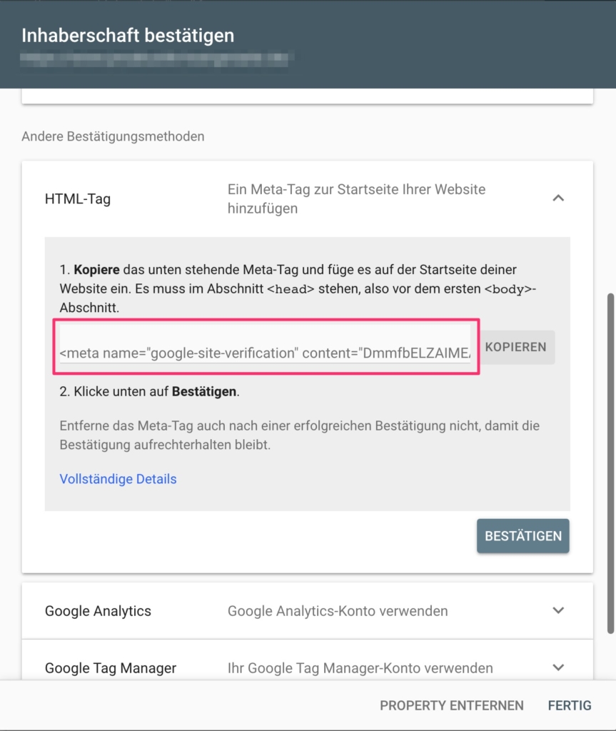 Google Search Console - Website mit Meta-Tag bestätigen