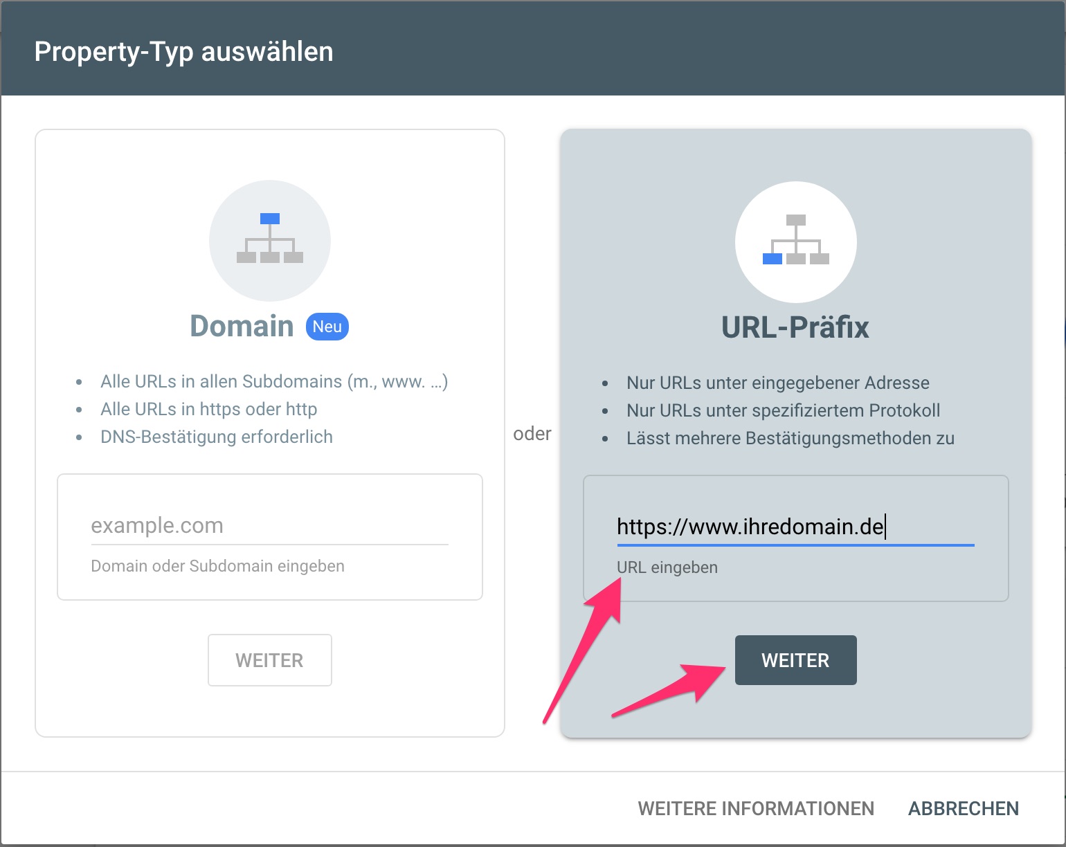 Google Search Console - Property hinzufügen mittels ULR-Präfix Methode