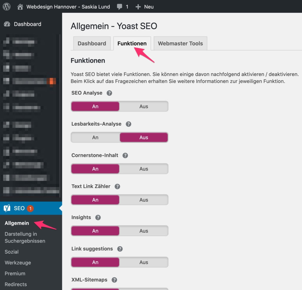 Yoast SEO - Allgemein - Reiter: Funktionen