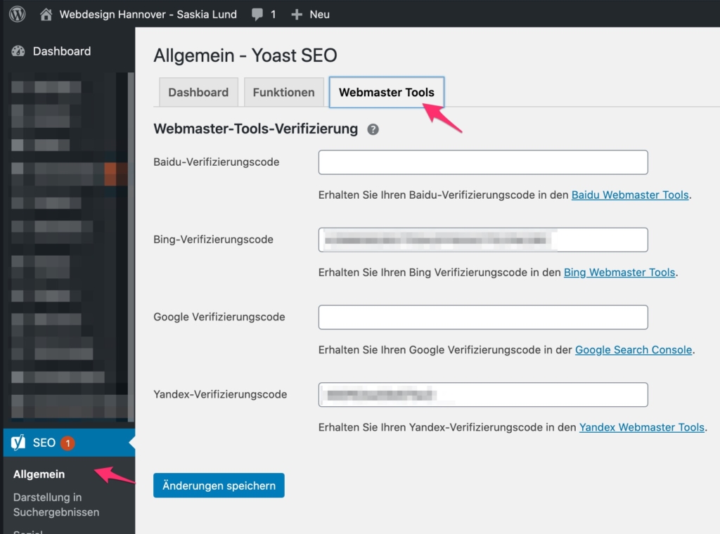 Yoast SEO - Allgemein - Reiter: Webmaster Tools