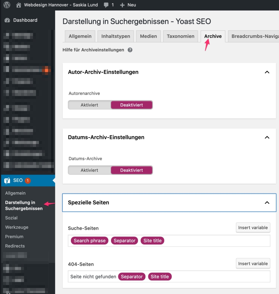 Yoast SEO - Darstellung in den Suchergebnissen - Archive