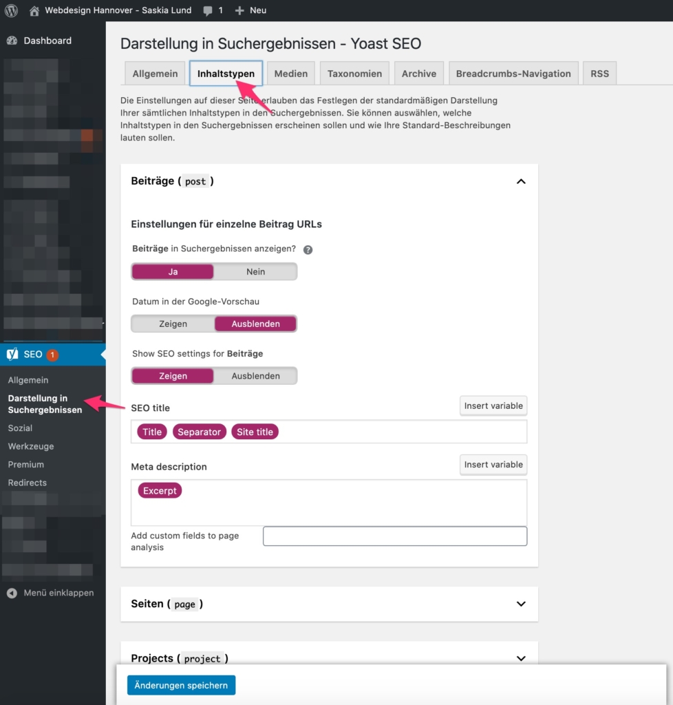 Yoast SEO - Darstellung in den Suchergebnissen - Reiter: Inhaltstypen