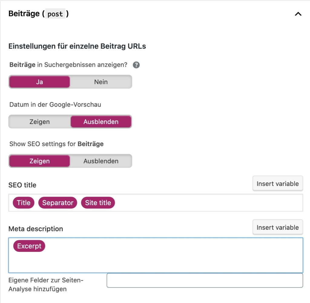 Yoast SEO - Optionen für einzelne Inhaltstypen