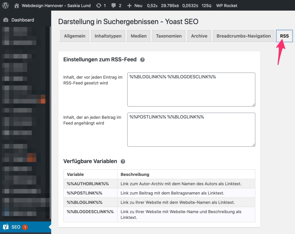 Yoast SEO - Darstellung in den Suchergebnissen - RSS Feed