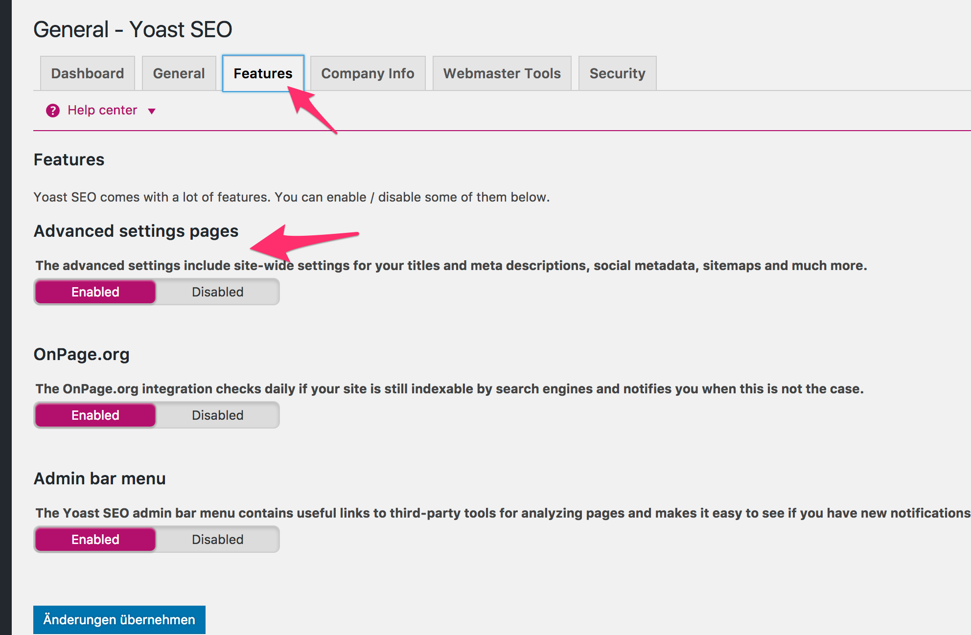 YOAST SEO - Features Reiter - Keyword Analyse aktivieren