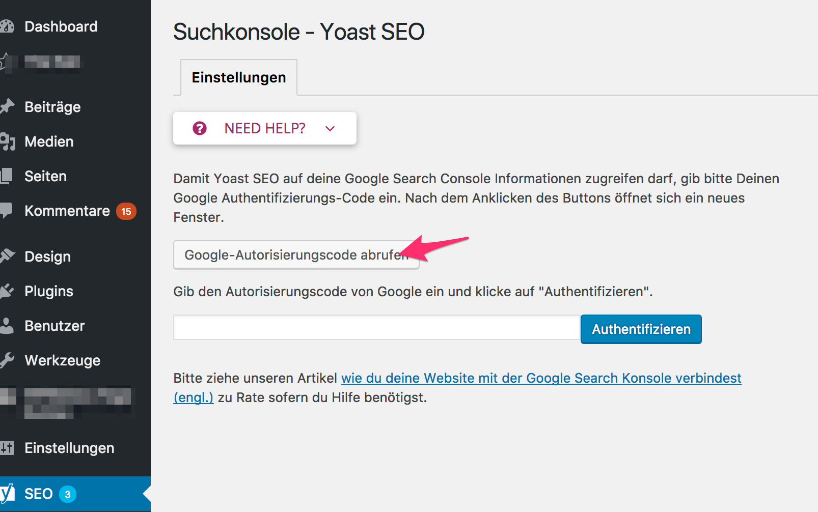 Yoast SEO Search Console Authentifizierung