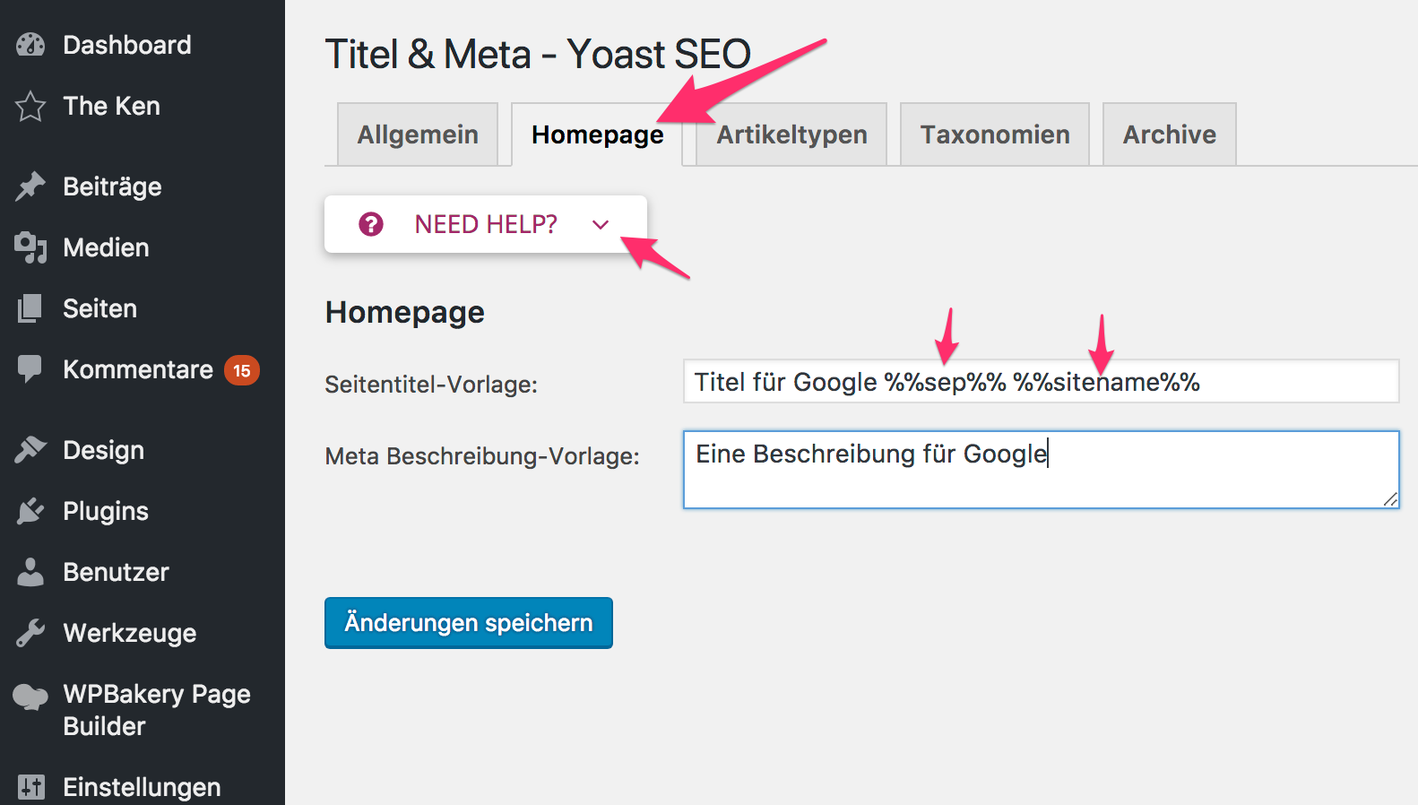 Homepage Snippet Eingabefelder